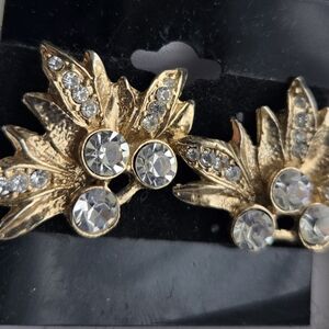 Gold Leaf Crystal Cluster Earrings - Clear Rhinestones Stamped Y2k
